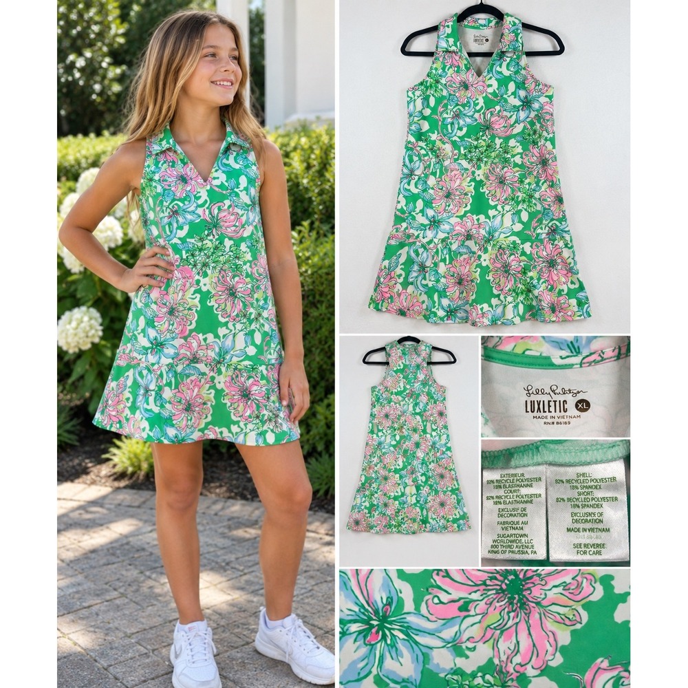 Lilly Pulitzer Luxletic Girls Green Pink Floral Tennis Dress XL 15979 Racerback